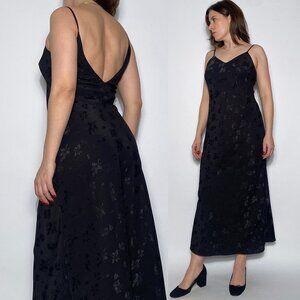 Vintage 1990s Black LOW BACK Jacquard Maxi Slip Dress! Size 8
